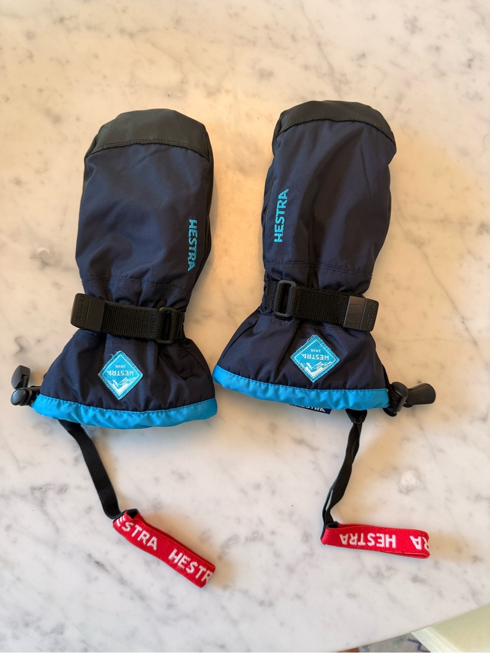 Hestra Kids Navy Mittens with Bright Blue Trim and Red Wrist Loops - size 4